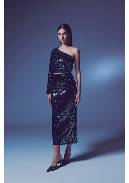 Kadife Payetli Midi Etek - Gümüş fırsatları