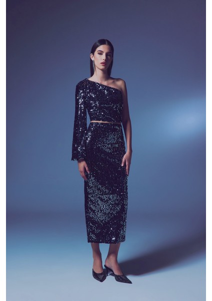 Kadife Payetli Midi Etek - Gümüş indirimleri