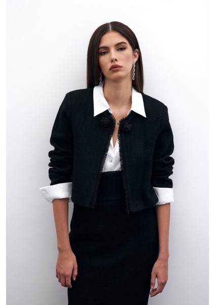 Boncuk Aksesuarlı Kısa Ceket - Siyah fiyatları