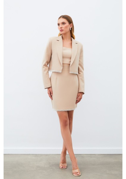 Aksesuarlı Kısa Etek - Bej