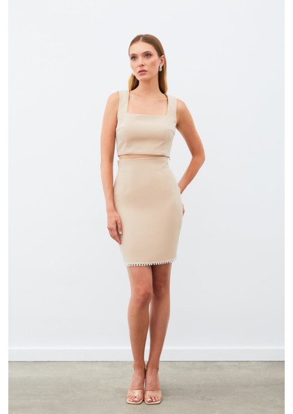 Aksesuarlı Kısa Etek - Bej modelleri