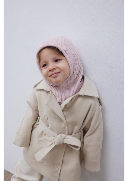Lastik Örgü Çocuk Balaclava Bere Pembe