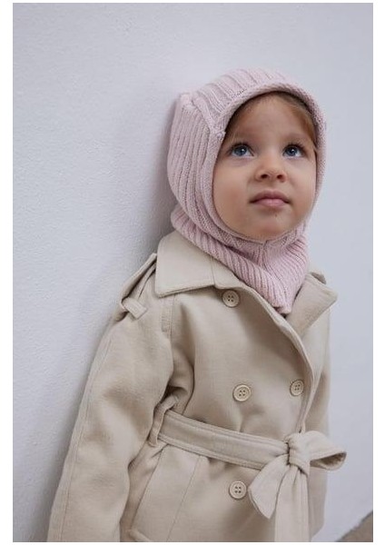 Lastik Örgü Çocuk Balaclava Bere Pembe