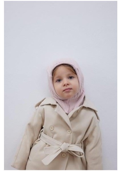 Lastik Örgü Çocuk Balaclava Bere Pembe