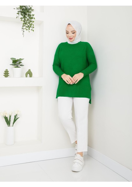 Fitilli Triko Kadın Tunik - Yeşil - 2124