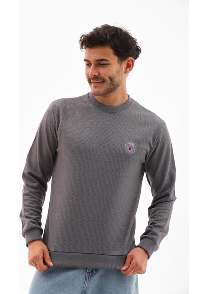 Erkek Koyu Gri Mare Jaker Kumaş Bisiklet Yaka Uzun Kollu Sweatshirt - 7656