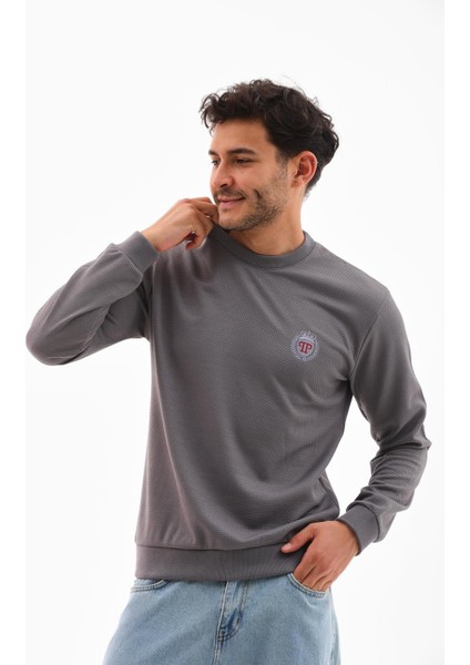 Erkek Koyu Gri Mare Jaker Kumaş Bisiklet Yaka Uzun Kollu Sweatshirt - 7656 modelleri