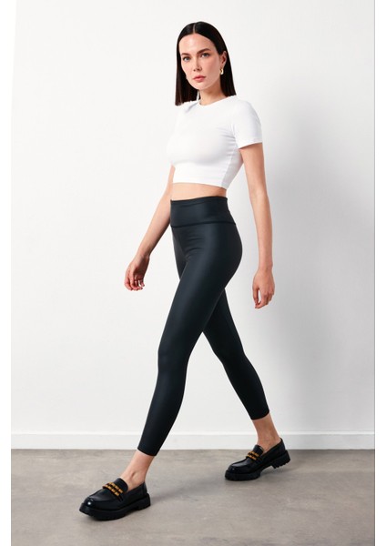 Yüksek Bel Deri Tayt - Siyah