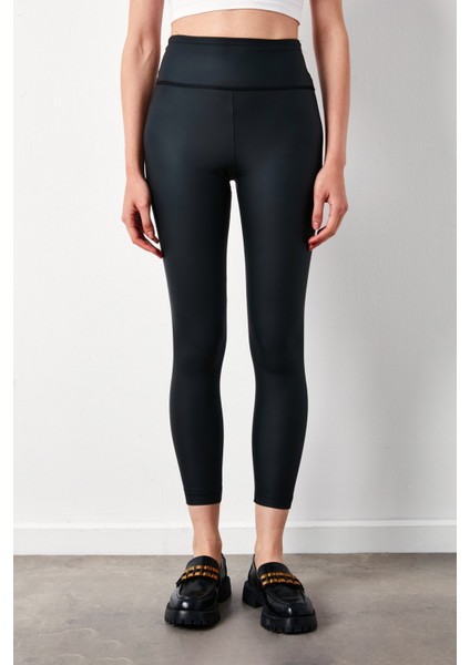 Yüksek Bel Deri Tayt - Siyah indirimleri