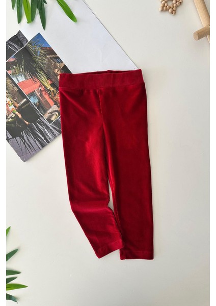 Beli Lastikli Basic Kız Fitilli Kadife Tayt - Kırmızı