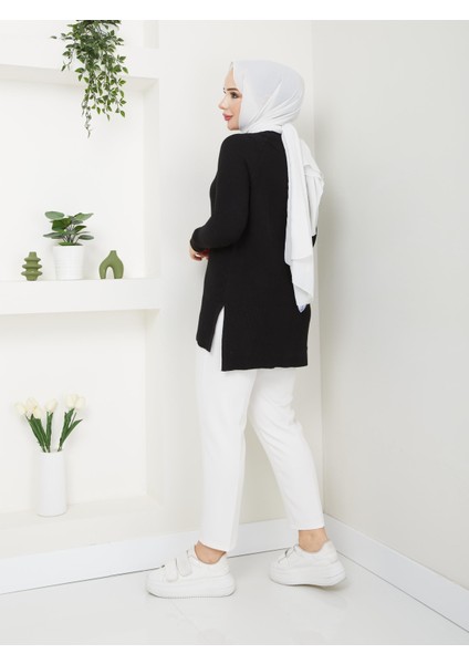 Fitilli Triko Kadın Tunik - Siyah - 2124