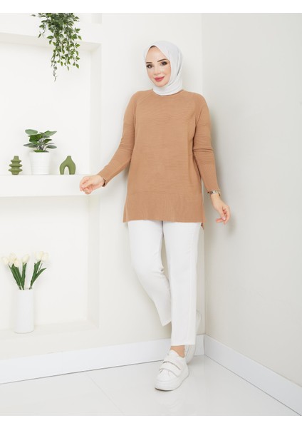 Fitilli Triko Kadın Tunik - Bisküvi - 2124