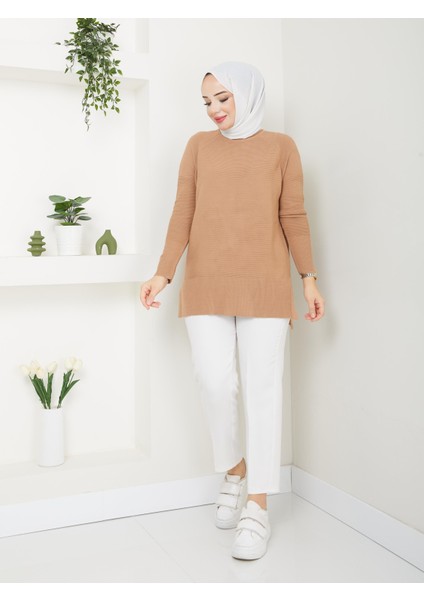 Fitilli Triko Kadın Tunik - Bisküvi - 2124
