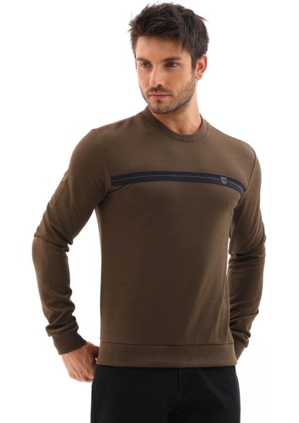 Erkek Haki Mare Jaker Kumaş Bisiklet Yaka Göğüste Şerit Nakışlı Uzun Kollu Sweatshirt - 7657