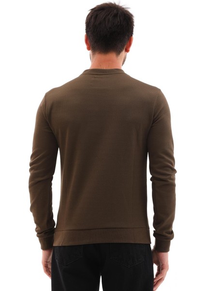 Erkek Haki Mare Jaker Kumaş Bisiklet Yaka Göğüste Şerit Nakışlı Uzun Kollu Sweatshirt - 7657