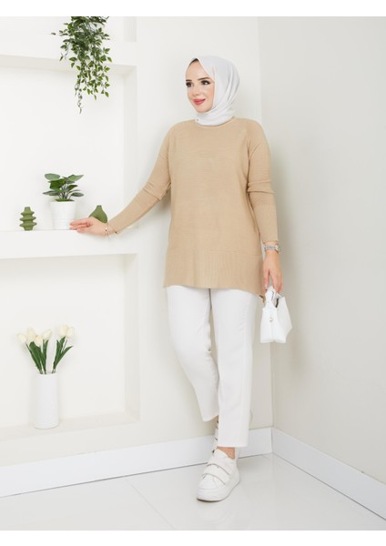 Fitilli Triko Kadın Tunik - Bej - 2124