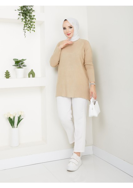 Fitilli Triko Kadın Tunik - Bej - 2124