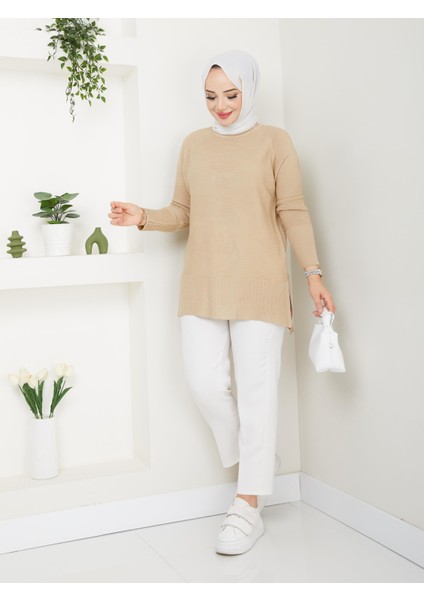 Fitilli Triko Kadın Tunik - Bej - 2124