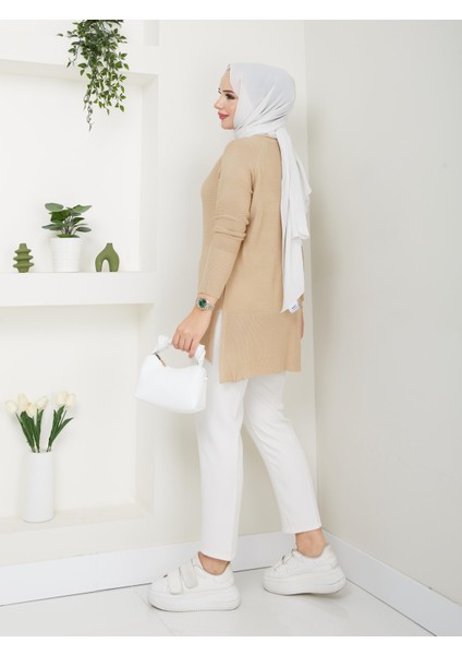 Fitilli Triko Kadın Tunik - Bej - 2124