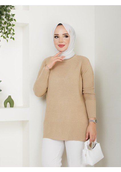 Fitilli Triko Kadın Tunik - Bej - 2124