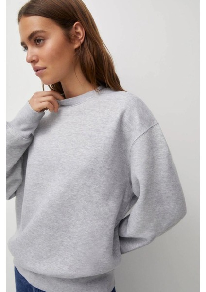 %100 Pamuk Kadın Gri Melanj 3 Iplik Basic Oversize Bisiklet Yaka Uzun Kol Sweatshirt Yüksek Kalite