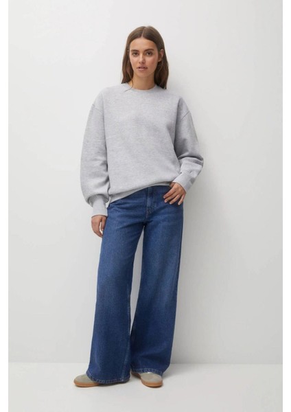%100 Pamuk Kadın Gri Melanj 3 Iplik Basic Oversize Bisiklet Yaka Uzun Kol Sweatshirt Yüksek Kalite