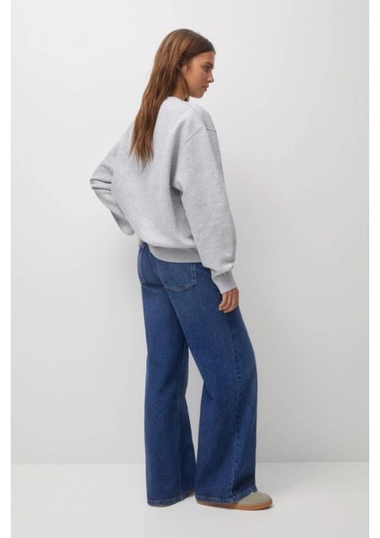 %100 Pamuk Kadın Gri Melanj 3 Iplik Basic Oversize Bisiklet Yaka Uzun Kol Sweatshirt Yüksek Kalite