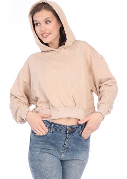 Pamuk Premium Kadın Bej Kapüşonlu Crop Sweatshirt