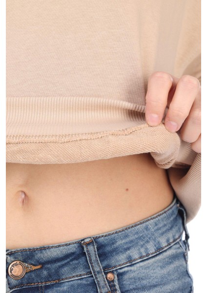 Pamuk Premium Kadın Bej Kapüşonlu Crop Sweatshirt