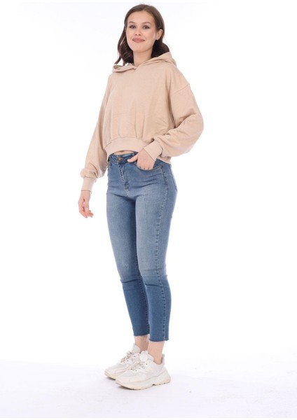 Pamuk Premium Kadın Bej Kapüşonlu Crop Sweatshirt
