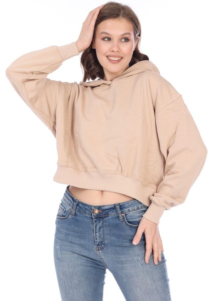 Pamuk Premium Kadın Bej Kapüşonlu Crop Sweatshirt