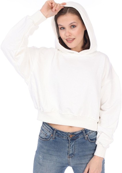 Pamuk Premium Kadın Şardonsuz Ekru Kapüşonlu Crop Sweatshirt