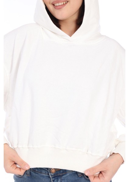 Pamuk Premium Kadın Şardonsuz Ekru Kapüşonlu Crop Sweatshirt