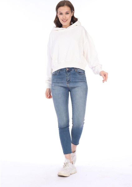 Pamuk Premium Kadın Şardonsuz Ekru Kapüşonlu Crop Sweatshirt