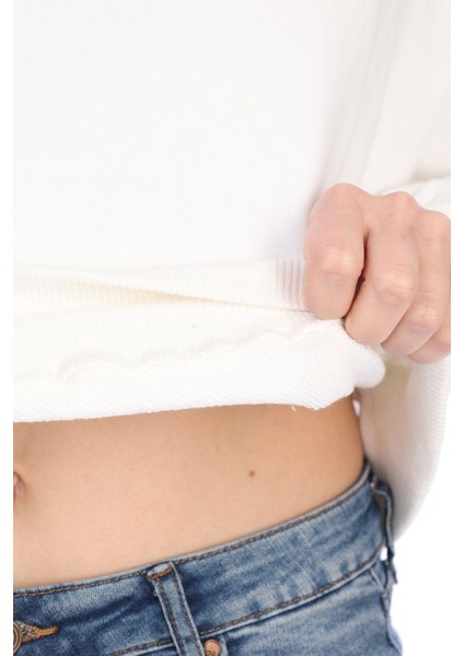 Pamuk Premium Kadın Şardonsuz Ekru Kapüşonlu Crop Sweatshirt