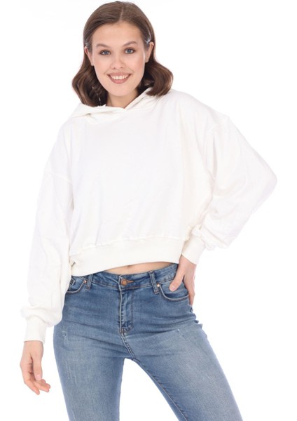 Pamuk Premium Kadın Şardonsuz Ekru Kapüşonlu Crop Sweatshirt