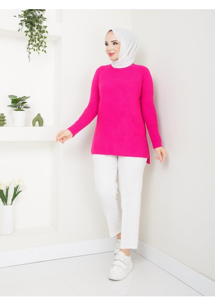 Fitilli Triko Kadın Tunik - Fuşya -
