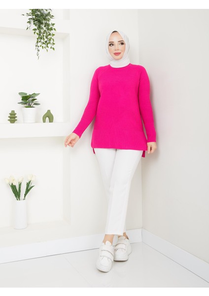Fitilli Triko Kadın Tunik - Fuşya -