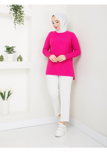 Fitilli Triko Kadın Tunik - Fuşya -