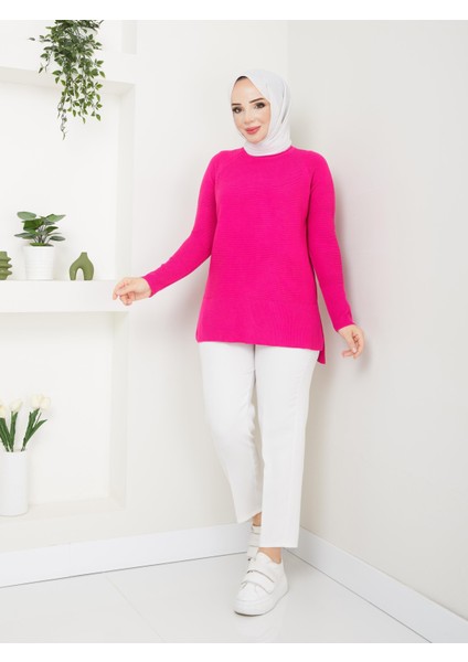 Fitilli Triko Kadın Tunik - Fuşya -