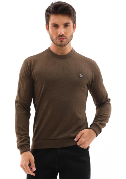 Erkek Haki Mare Jaker Kumaş Bisiklet Yaka Uzun Kollu Sweatshirt - 7656