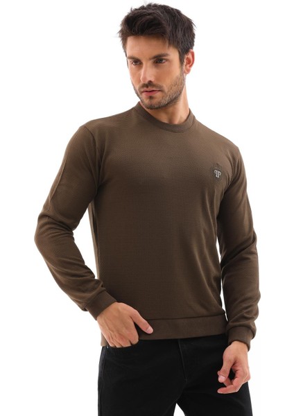 Erkek Haki Mare Jaker Kumaş Bisiklet Yaka Uzun Kollu Sweatshirt - 7656