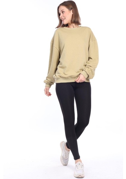 Kadın %100 Pamuk Şardonsuz Askeri Haki 3 Iplik Basic Oversize Bisiklet Yaka Uzun Kol Sweatshirt fiyatları