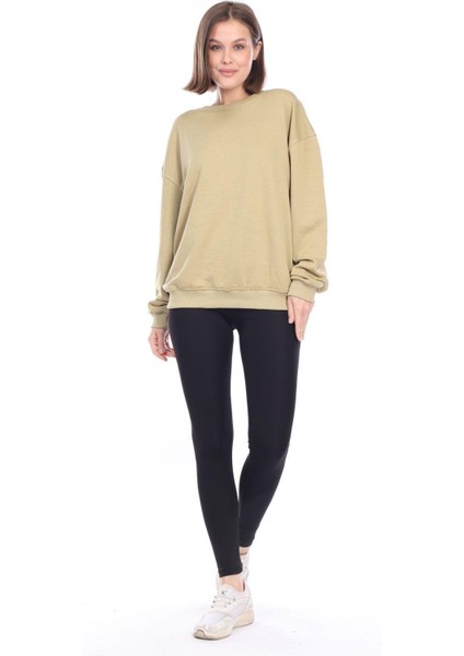 Kadın %100 Pamuk Şardonsuz Askeri Haki 3 Iplik Basic Oversize Bisiklet Yaka Uzun Kol Sweatshirt modelleri