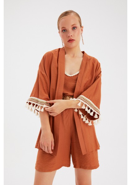 Kol Detaylı Salaş Keten Kimono - Taba