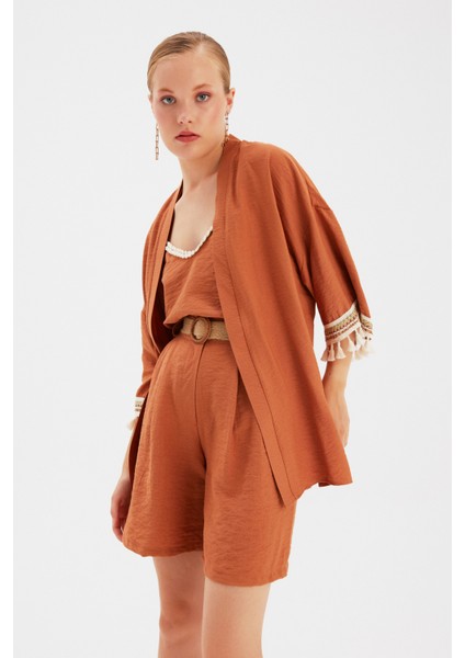 Kol Detaylı Salaş Keten Kimono - Taba