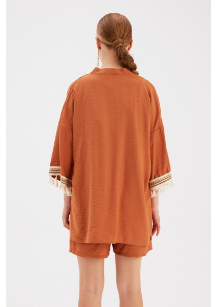 Kol Detaylı Salaş Keten Kimono - Taba