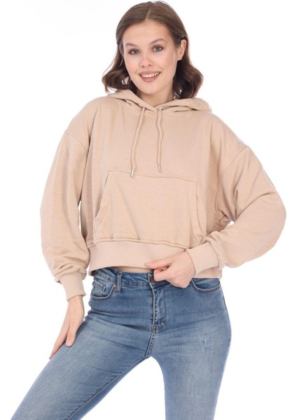 Premium Kalite Pamuk 3 Iplik Bej Kapüşonlu Kanguru Cepli Bağcıklı Kısa Crop Sweatshirt