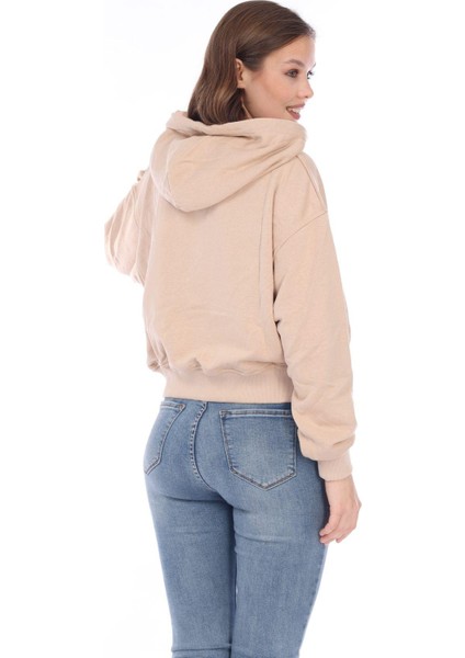 Premium Kalite Pamuk 3 Iplik Bej Kapüşonlu Kanguru Cepli Bağcıklı Kısa Crop Sweatshirt