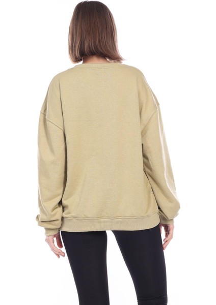 Kadın %100 Pamuk Şardonsuz Askeri Haki 3 Iplik Basic Oversize Bisiklet Yaka Uzun Kol Sweatshirt fırsatları